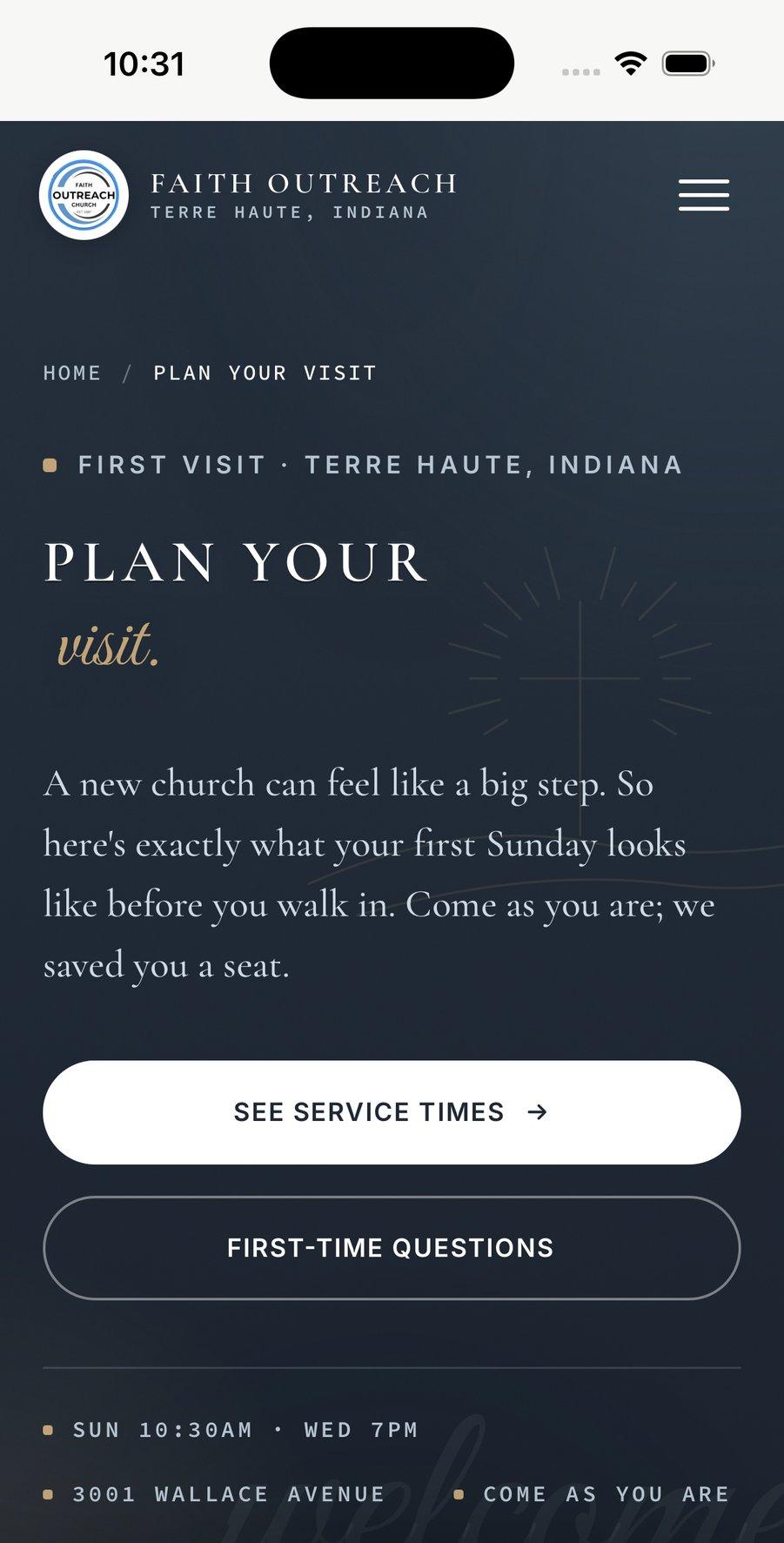 Faith Outreach — the Plan Your Visit page, on mobile