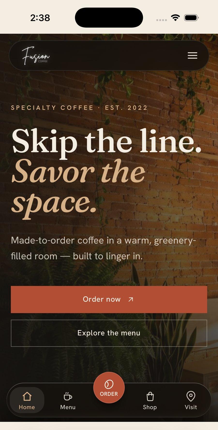 Fusion Coffee — the home page, on mobile