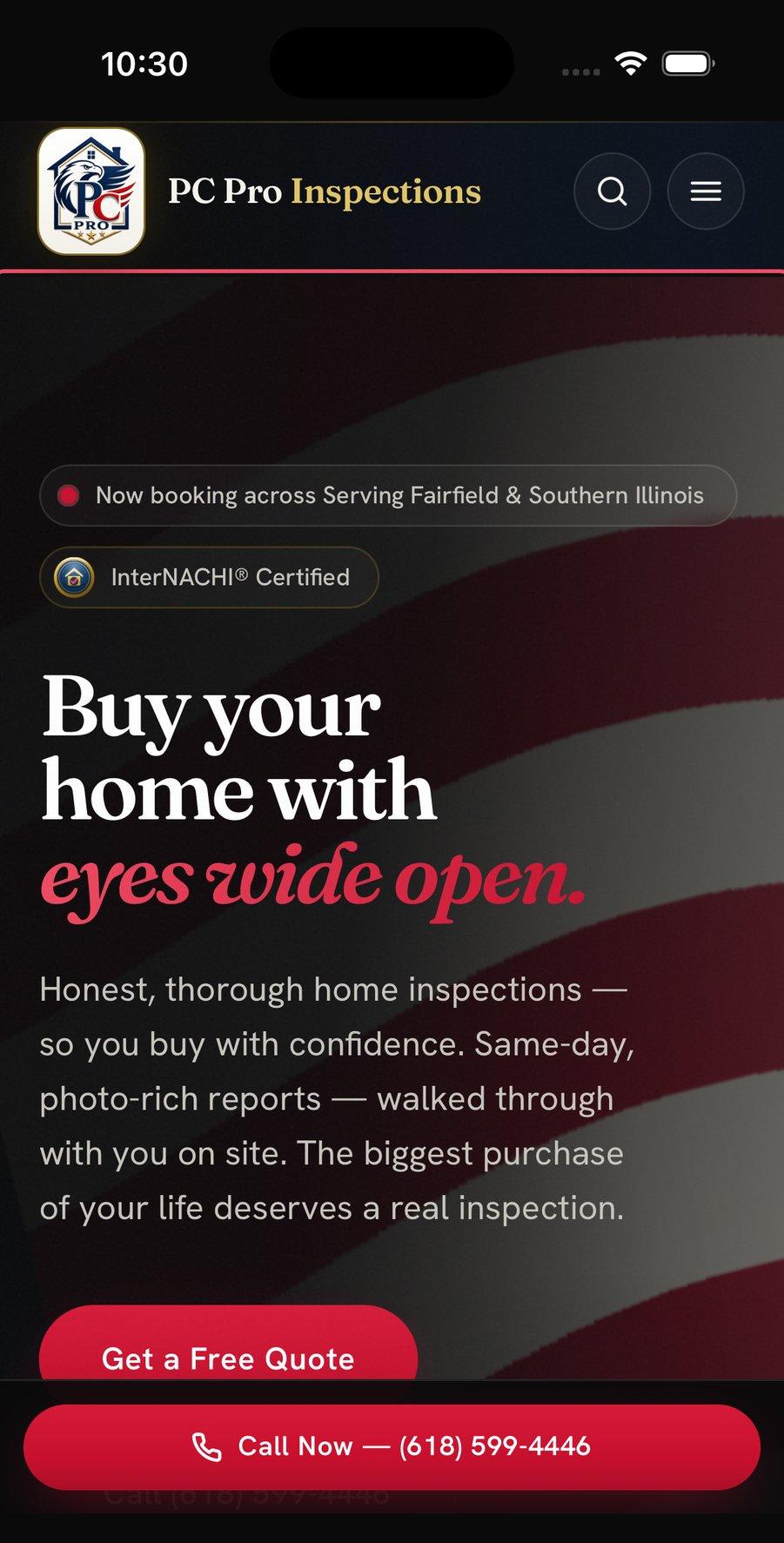 PC Pro Inspections — the home page, on mobile