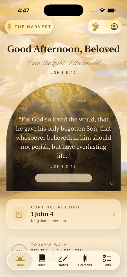 The Harvest — the Home screen, with the verse of the day and today’s reading
