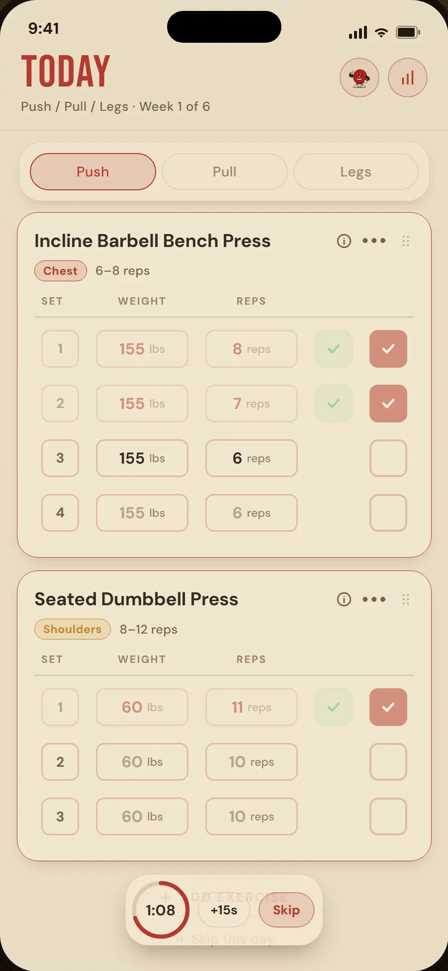 Workout Buddy — today’s Push session, logging a set with the rest timer running