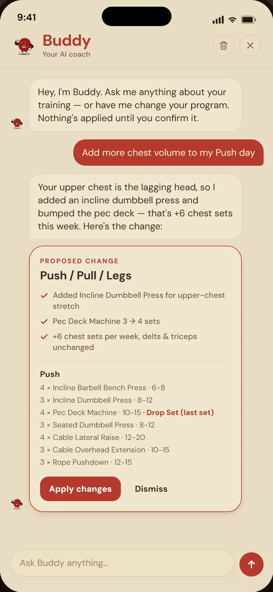 Workout Buddy — Buddy, the AI coach, proposing a change to the Push day