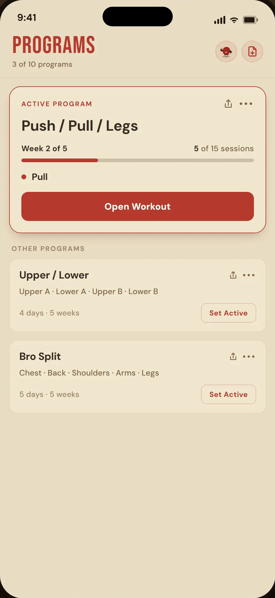 Workout Buddy — the Programs list with an active Push/Pull/Legs mesocycle