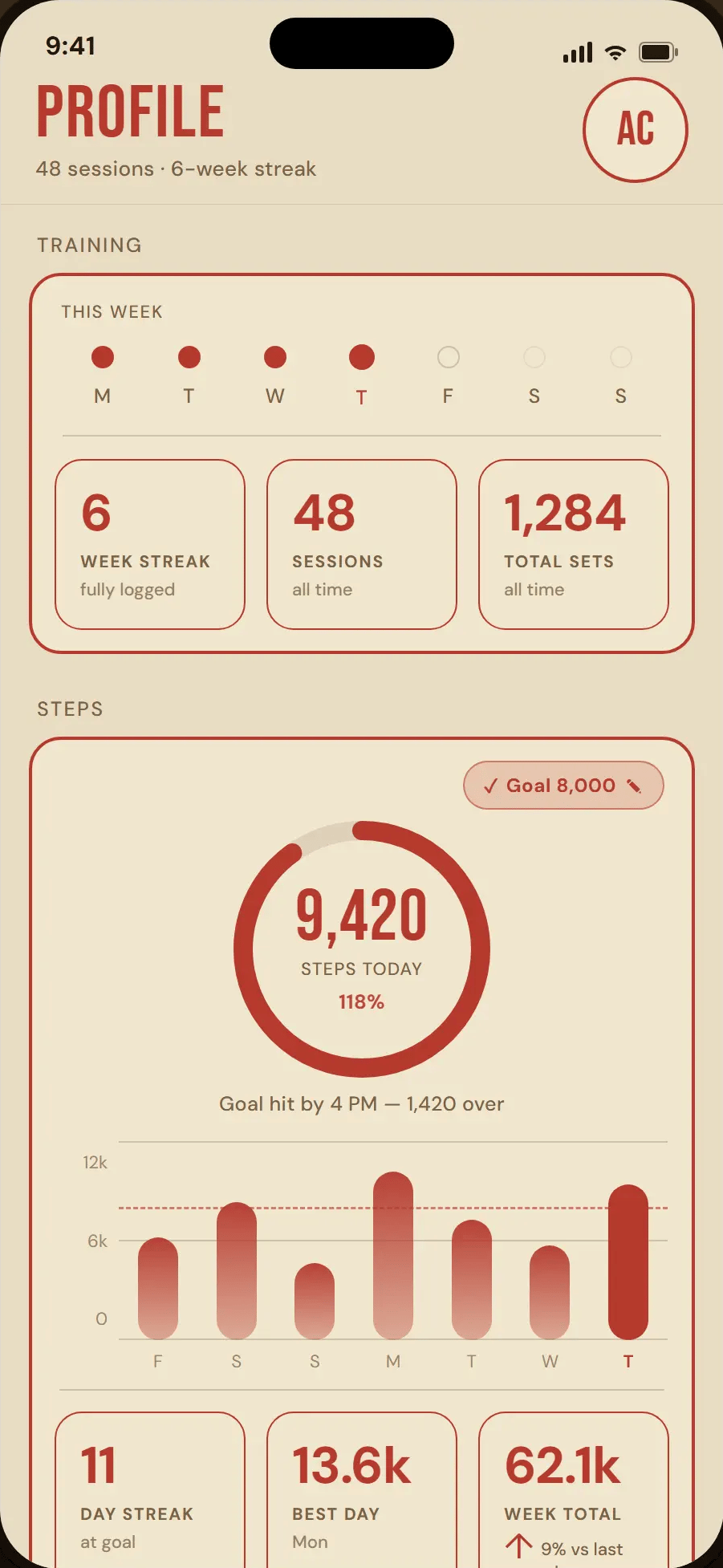 Workout Buddy — the Profile screen, with training streaks and step tracking